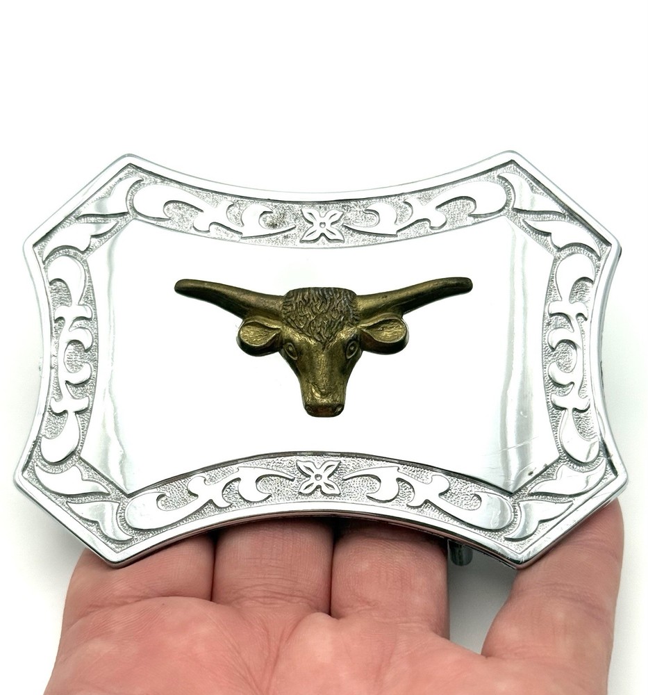 Long Horn Steer Silver Plated Belt Buckle Western ** Light Wear