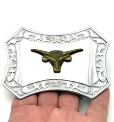 Long Horn Steer Silver Plated Belt Buckle Western ** Light Wear