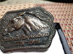 RARE 1776 1976 Lee LeBlanc Belt Buckle SHELL OIL BICENTENNIAL HORSE GALLOPING LE