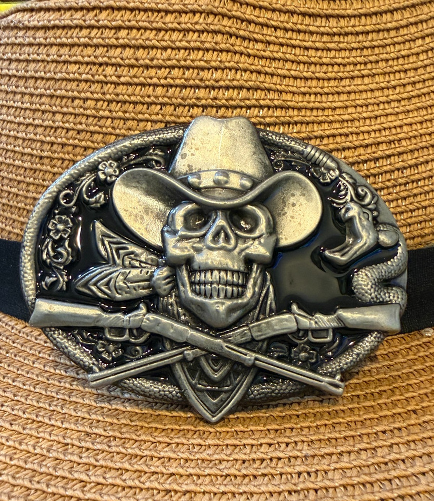 Antiqued Silver Oval Skeleton Cross Guns Floral & Vine Belt Buckle