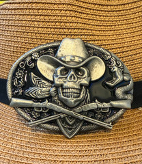 Antiqued Silver Oval Skeleton Cross Guns Floral & Vine Belt Buckle