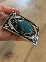 Large Blue Stone Western Belt Buckle Silver Cowboy Concho Turquoise 1.5&Prime; Strap