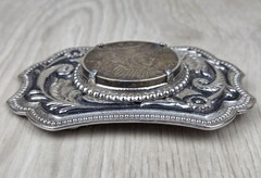 Vtg 1923 Peace Silver Dollar Coin Belt Buckle Engraved Scrollwork Western Cowboy