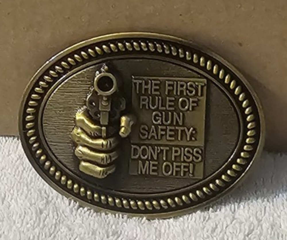 FUNNY PISTOL FIRST RULE OF GUN SAFETY RODEO COWBOY WESTERN BELT BUCKLE