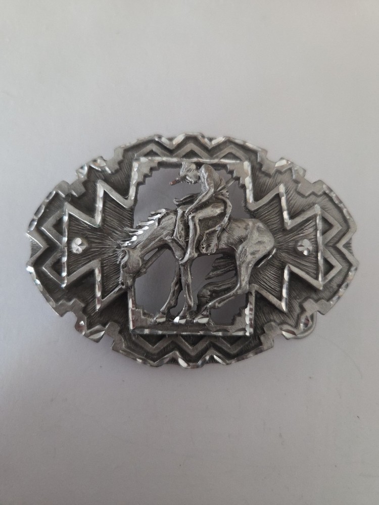 Metzke Vintage Diamond Cut Pewter Man Riding Horse Pewter Belt Buckle