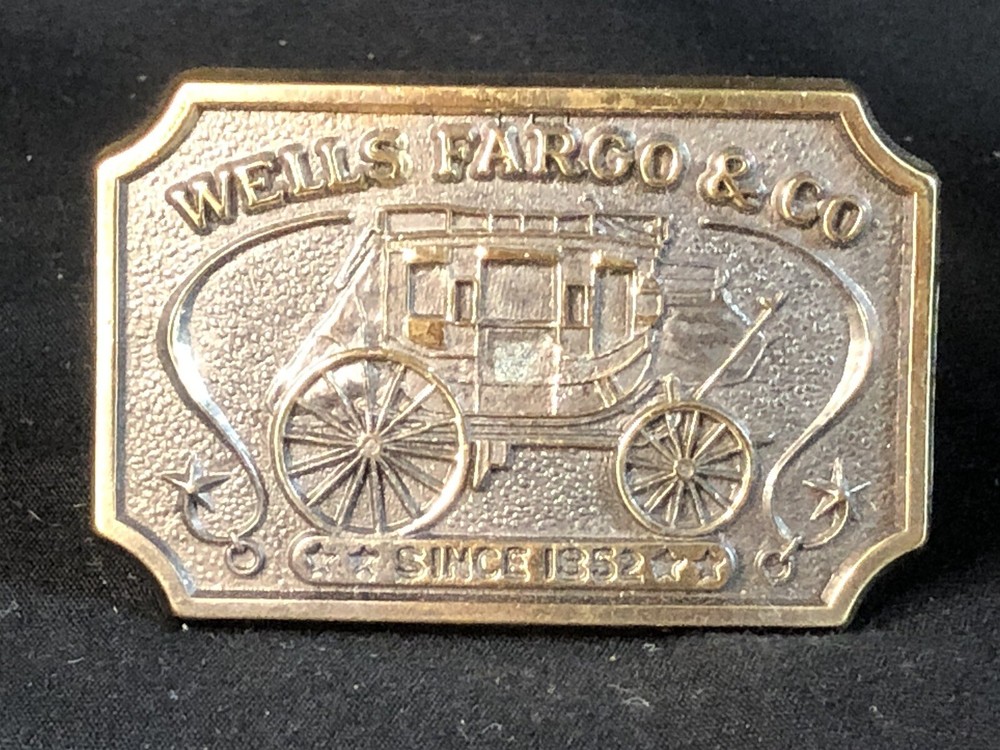 Vintage Brass Metal Wells Fargo Bank Stagecoach Belt Buckle 80s Original Western