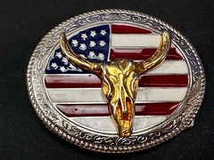 Texas Longhorn United States Flag Stars Stripes Forever Enameled Belt Buckle