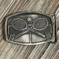 Tennis Rackets Belt Buckle Vintage 70s Indiana Metal Craft Pewter Crossing 1977