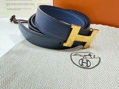 Authentic HERMES H Logo Reversible Belt Strap Blue Gold Tone Buckle Kit 85
