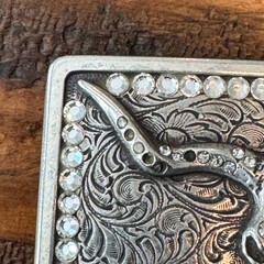 Western Longhorn Skull Belt Buckle Silver Engraved Floral Rhinestone Accents
