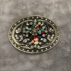 Western Oval Turquoise Color Cross Embellished Stones Belt Buckle 3”x4”