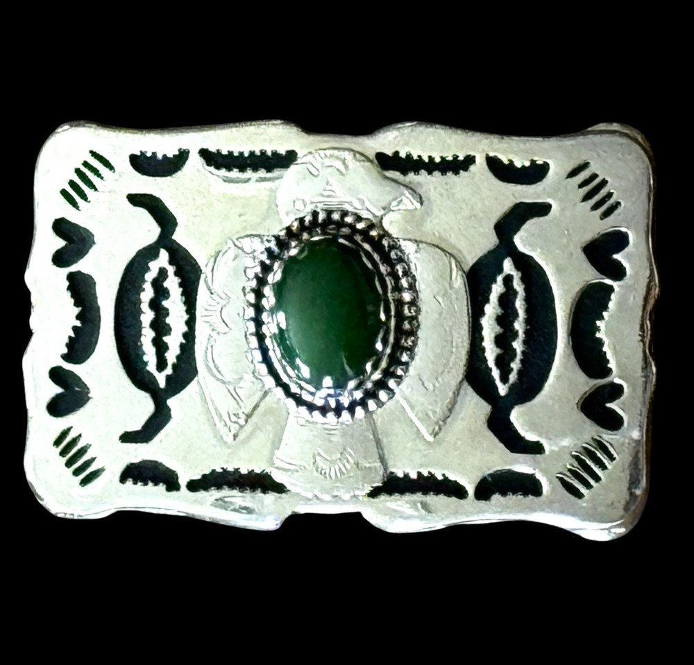 Vtg Southwestern Belt Buckle Green Stone Silver Thunderbird Zuni Navajo Bird