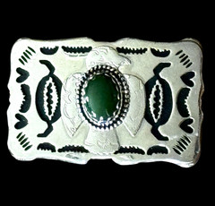 Vtg Southwestern Belt Buckle Green Stone Silver Thunderbird Zuni Navajo Bird