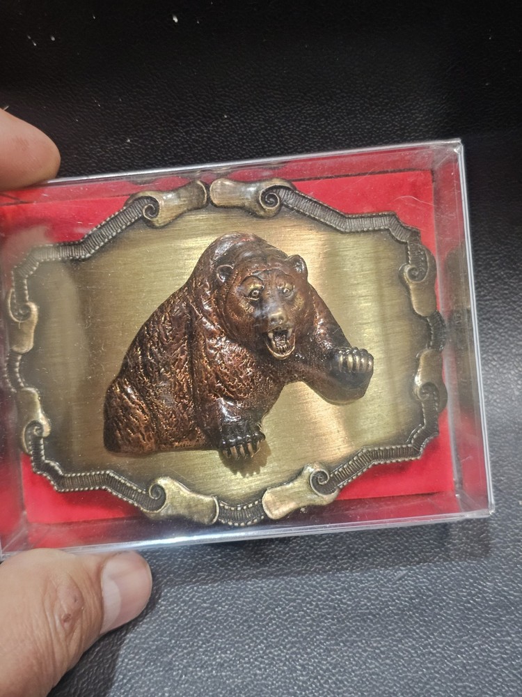 Vintage Raintree 3D Grizzly Bear Brass Buckle Outdoors Wildlife Western USA V8