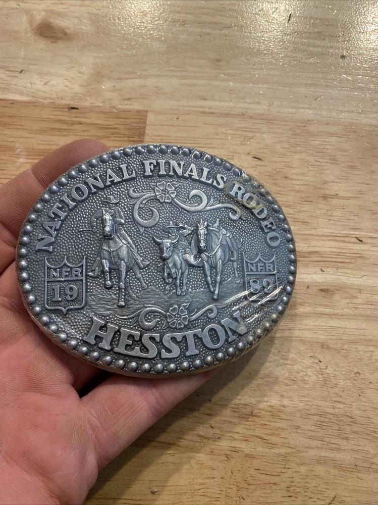 Hesston Vintage Rodeo Belt Buckle 1989 METAL Original Wrap National Finals NFR