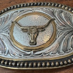 Western Longhorn Bull Belt Buckle Silver Gold Tone Floral Scroll Oval Cowboy