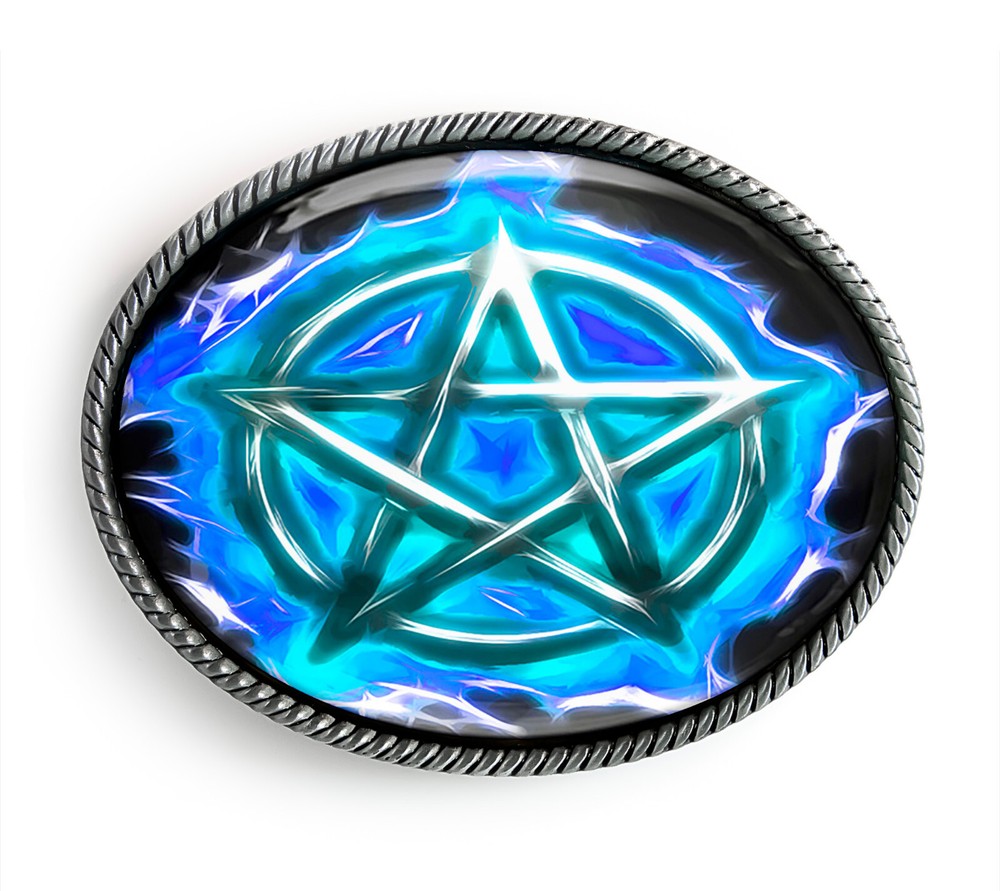Ice Blue Pentagram Belt Buckle – Gothic Flames Occult Pentacle Belt Buckle – 329