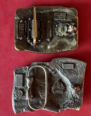2 belt buckles 1986 American Firefighter, Eagle Flag 1990 Siskiyou Made in USA