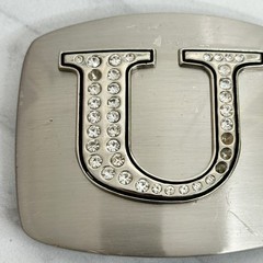 Rhinestone Studded U Letter Initial Monogram Silver Tone Belt Buckle