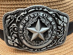 The State of Texas Western Cowboy Antiqued Silver Rectangle Floral Belt Buckle