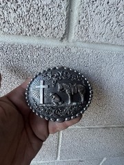 Nocona Western Belt Buckle Cowboy Man at Cross Praying Silver 37374