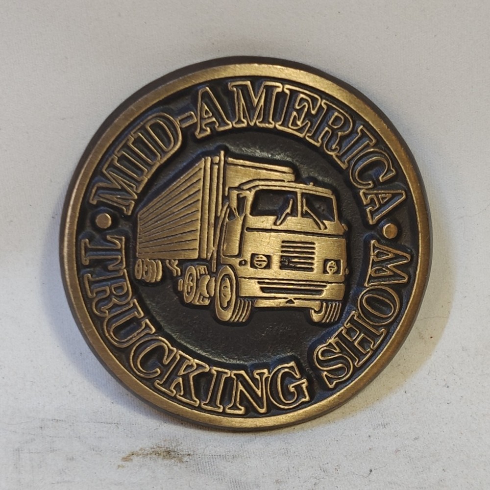 Mid America Trucking Show Brass Belt Buckle VTG Round 18 Wheeler Hard To Find