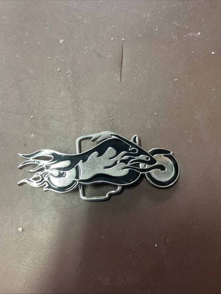 Silver & Black Flaming Motorcycle Belt Buckle