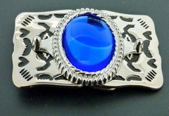 Blue Cobalt Glass 30×40 MM Rhodium Plated Belt Buckle Made In The USA