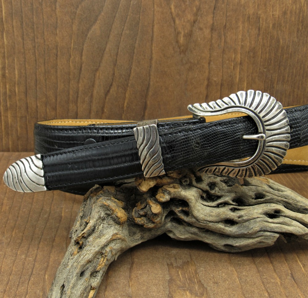 Areias Sterling Silver Buckle on RDM Teju Lizard Black Long Belt+