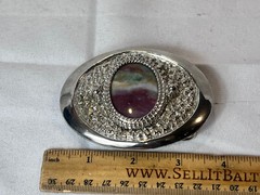 Vtg Western Style Belt Buckle Silvertone And Polished Flat Multicolor Stone