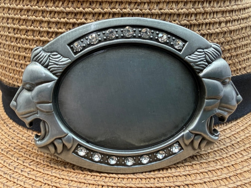 Antiqued Silver Lion Rhinestone Oval Plain Belt Buckle