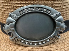Antiqued Silver Lion Rhinestone Oval Plain Belt Buckle