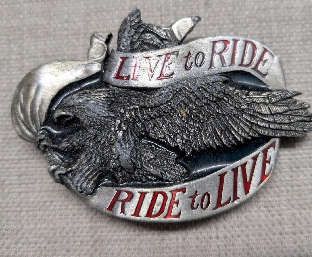 vintage USA made BIKER belt buckle LIVE TO RIDE america EAGLE motorcycle western