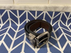 Fossil Key Silver Buckle Mens Leather Large Black Brown Reversible Belt L Large