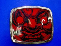 Samurai Video Game Cyberpunk Oni Mask Red Black Enamel Belt Buckle