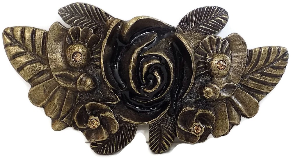 AL BERES AB 1.5” ANTIQUE PEWTER BRASS ROSE WITH AMBER CRYSTALS BELT BUCKLE ONLY