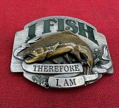 VINTAGE 92’ BELT BUCKLE « I FISH THEREFORE I AM » SISKIYOU FINE PEWTER BROWN TROUT