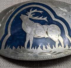 vintage ELK belt buckle HANDCRAFTED german silver WESTERN inlay ENGRAVED cowboy