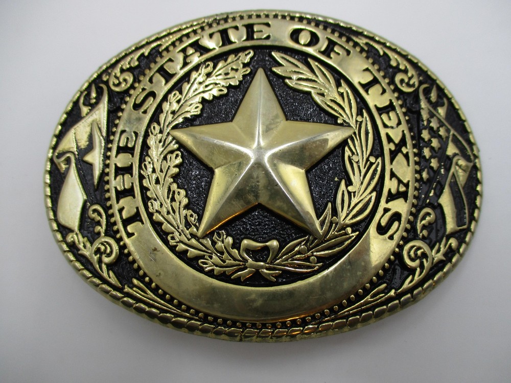 Vintage State Of Texas Belt Buckle Mens Gold 1.5&Prime; Metal Oval Star Western Cowboy