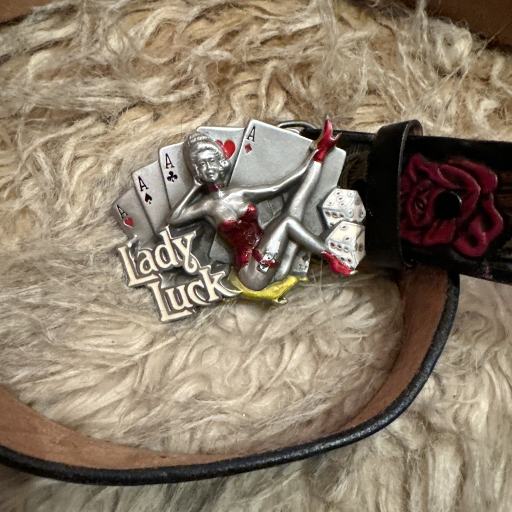 Vintage – Lady Luck – Belt Buckle – Dragon Designs – 1991 W/ Roses Blqck Belt