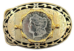 1889 Morgan Silver Dollar Gold Color Oval Western 3 1/2 Inch Belt Buckle EPBB287