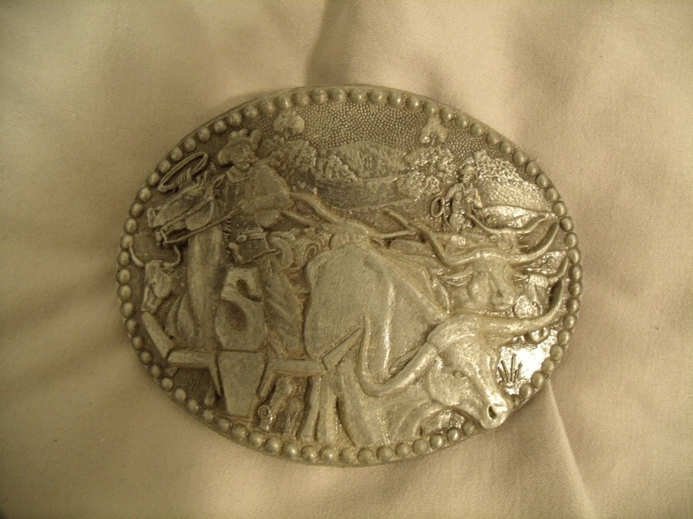 Vintage High Relief Oklahoma Sheplers Logo Cattle Drive One Piece Belt Buckle By
