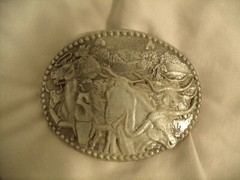 Vintage High Relief Oklahoma Sheplers Logo Cattle Drive One Piece Belt Buckle By