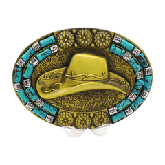 Men Antique Gold Metal Belt Buckle Cowboy Hat Turquoise Blue Fun Rodeo Accessory