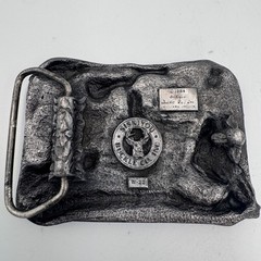Vintage Missouri State Belt Buckle Pioneer Log Cabin Fiddle Banjo Pewter Tone
