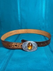 Tex Tan Full Grain Cowhide Belt Size 36 Tool Silver Buckle Polished Amber Stone