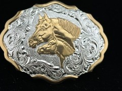 Western Belt Buckle, Crumrine, Small Unique Oval, Silver & Gold, Horse & Foal