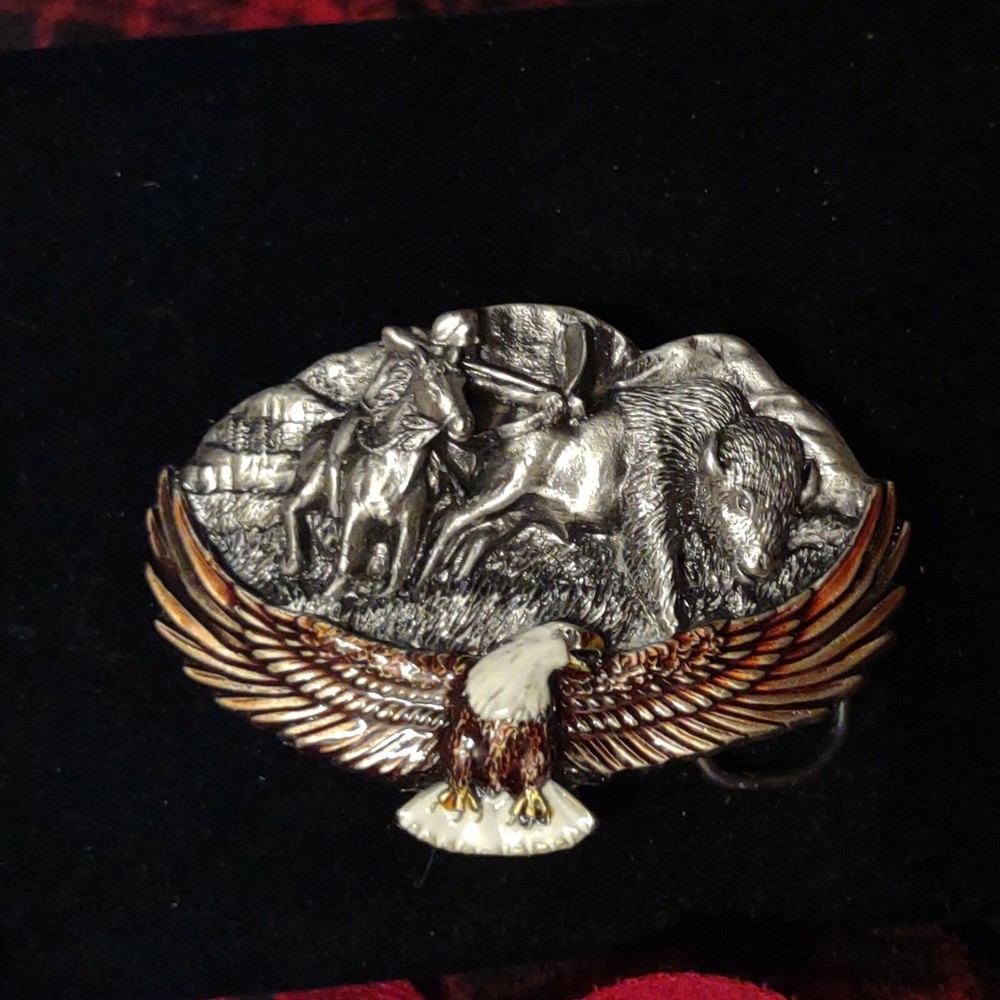 N.O.S. Vintage Great American Buckle Co. Pewter 1992 Eagle Indian buffalo EMAMEL