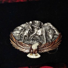 N.O.S. Vintage Great American Buckle Co. Pewter 1992 Eagle Indian buffalo EMAMEL