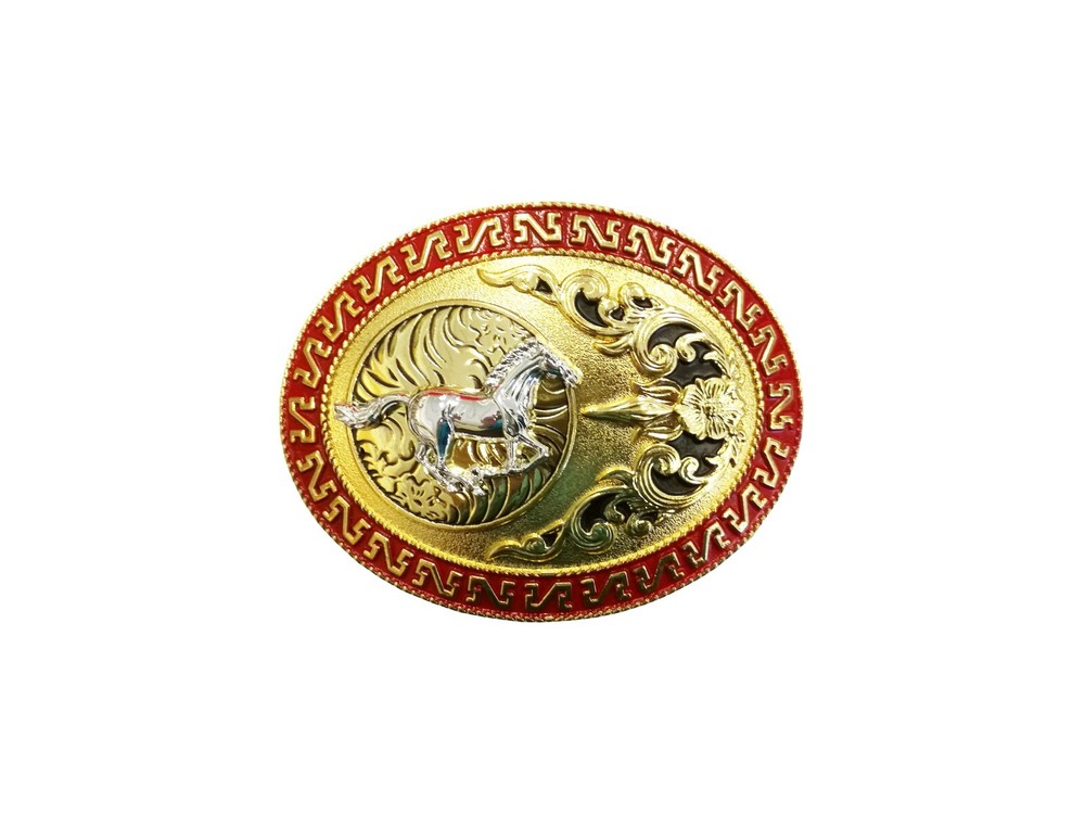 Western Buckle Gold Silver Red Running Horse Cowboy Oval 2 » Hebilla Vaquero